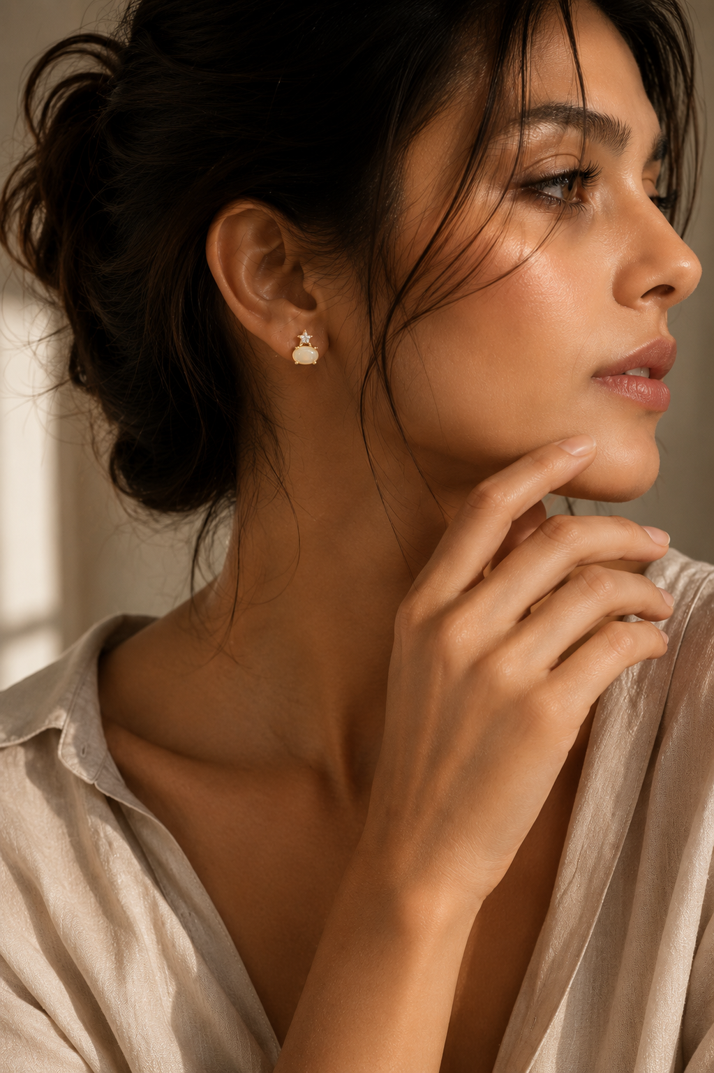 Opal and White Zircon Star Stud Earrings