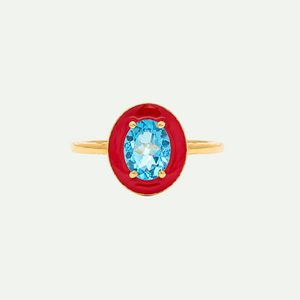 Radiant Swiss Blue Topaz and Red Enamel Solitaire Ring