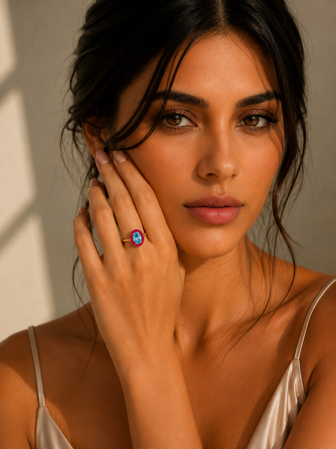Radiant Swiss Blue Topaz and Red Enamel Solitaire Ring