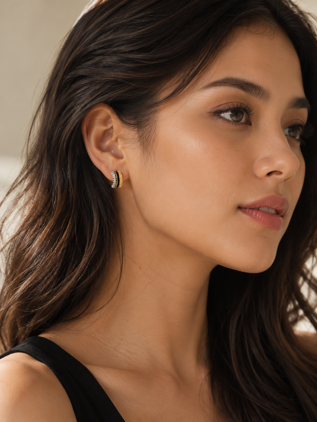 White Topaz and Black Enamel Half-Hoop Earrings