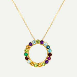 Multi-Gemstone Open Circle Yellow Gold Pendant Necklace