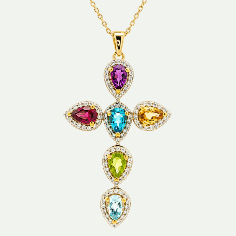Yellow Gold Multi-Gemstone Halo Cross Necklace