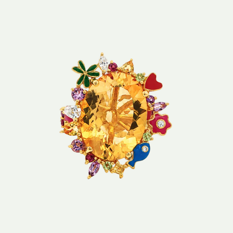 Whimsical Citrine and Enamel Cocktail Ring