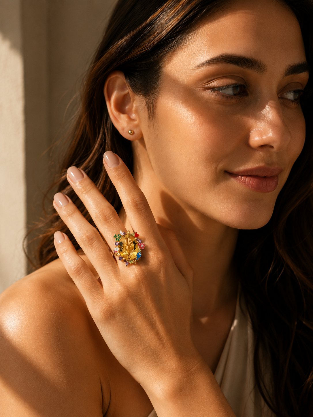 Whimsical Citrine and Enamel Cocktail Ring