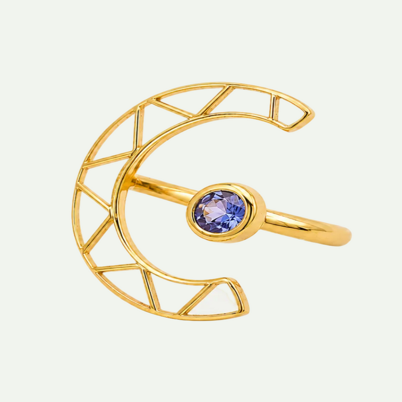 Geometric Crescent Moon Tanzanite Cocktail Ring