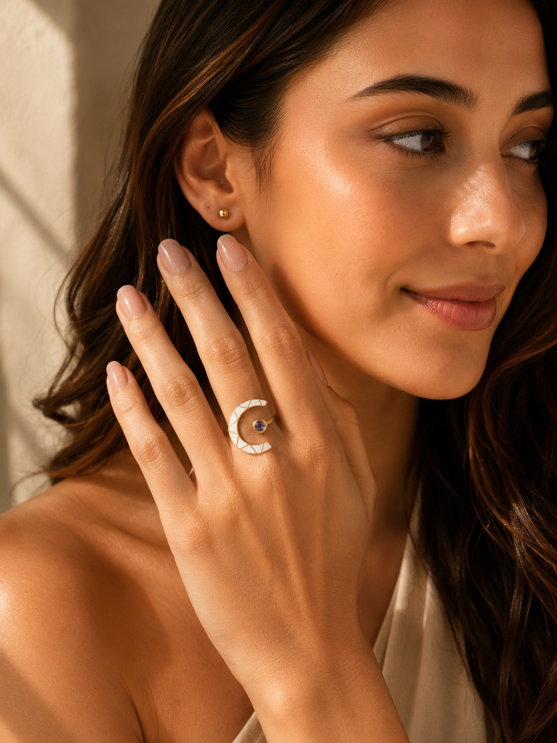 Geometric Crescent Moon Tanzanite Cocktail Ring