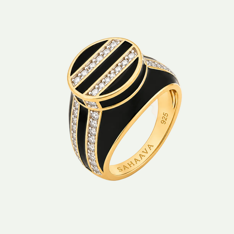 Black Enamel Signet Ring with Zircon Accents