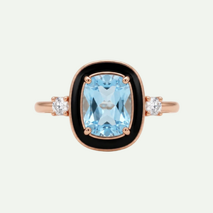 Radiant Sky Blue Topaz and Black Enamel Rose Gold Ring