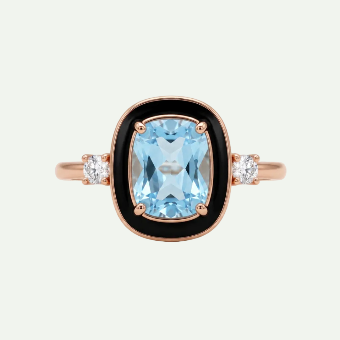 Radiant Sky Blue Topaz and Black Enamel Rose Gold Ring